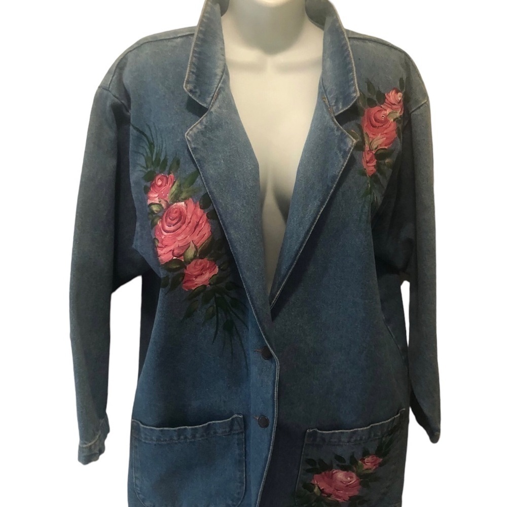 VTG Sun Belt Denim Oversize Artsy 2 Button Blazer Sz. L Hand Painted Floral